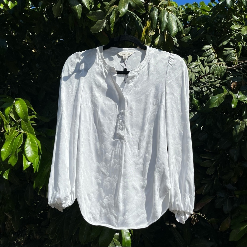 NWOT WHISTLES white satin cloud print puff‎ long sleeve blouse